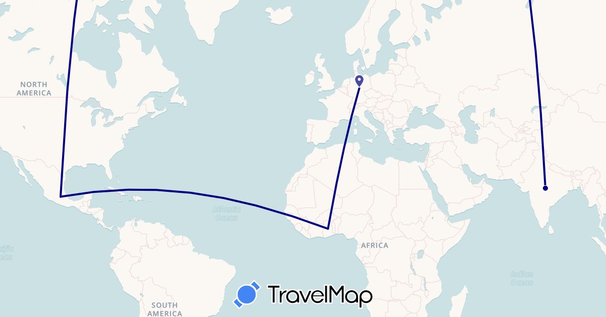 TravelMap itinerary: driving in Germany, Ghana, India, Mexico (Africa, Asia, Europe, North America)